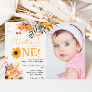 Boho rustic orange sunflowers photo 1st birthday invitation