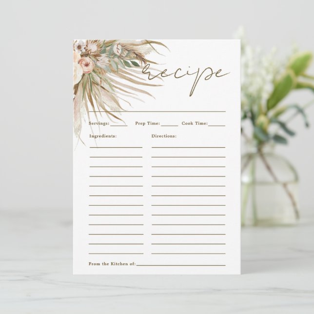 Boho Rustic Pampas Grass Floral Bring Recipe Card (Standing Front)