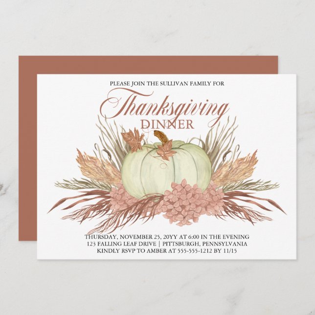 Boho Rustic Pampas Grass | Pumpkin Thanksgiving Invitation (Front/Back)