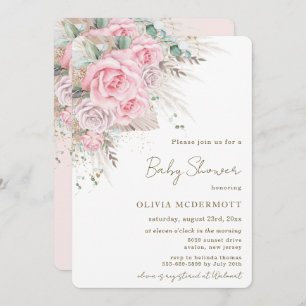 Boho Rustic Pampas Pink Floral Girl Baby Shower Invitation
