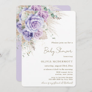 Boho Rustic Pampas Purple Floral Girl Baby Shower Invitation
