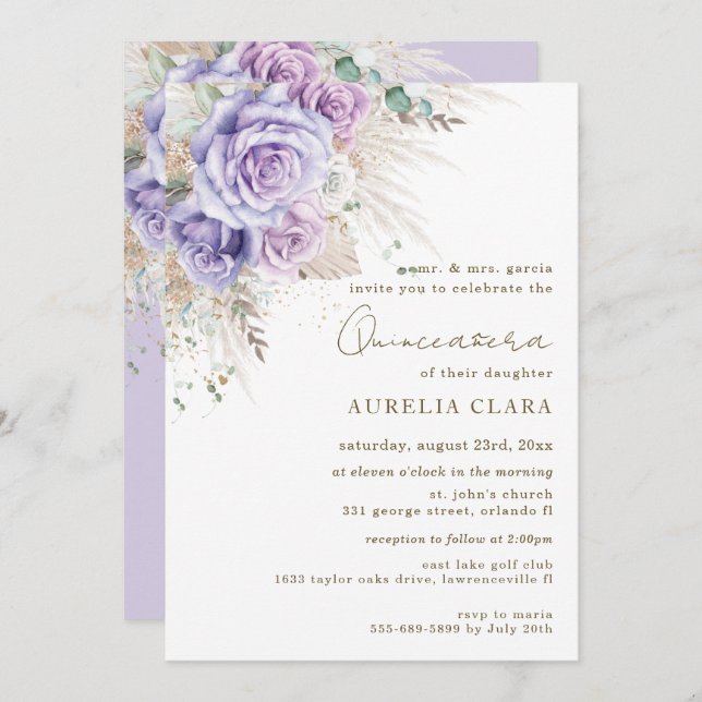 Boho Rustic Pampas Purple Floral Quinceañera  Invi Invitation (Front/Back)