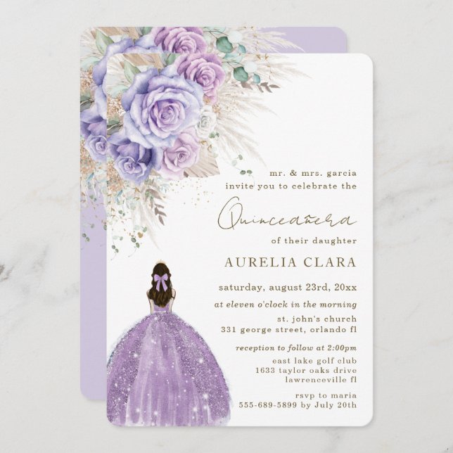Boho Rustic Pampas Purple Floral Quinceañera  Invitation (Front/Back)