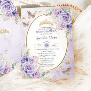 Boho Rustic Pampas Purple Lilac Floral Quinceañera Invitation