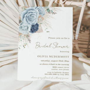 Boho Rustic Pampas Soft Blue Floral Bridal Shower Invitation
