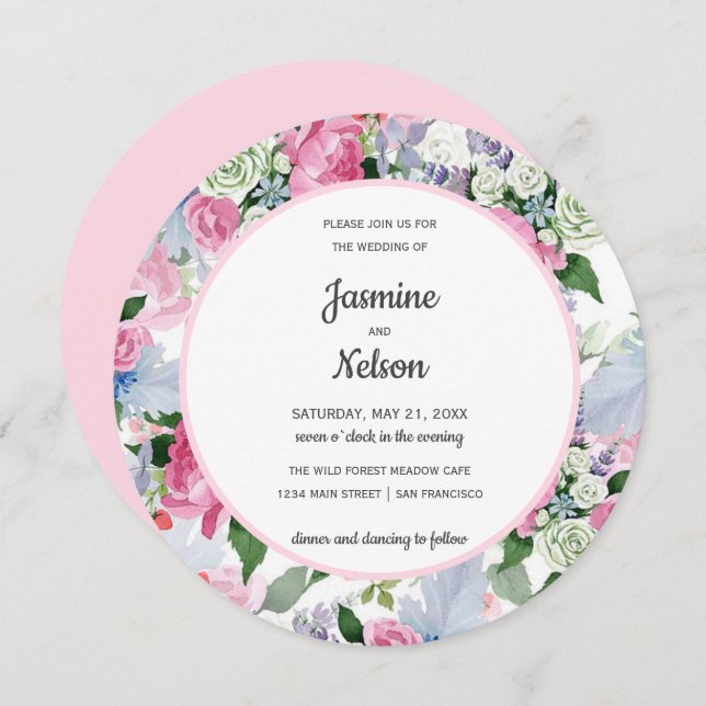Boho Rustic pink white lilac blue flowers wedding Invitation (Front/Back)