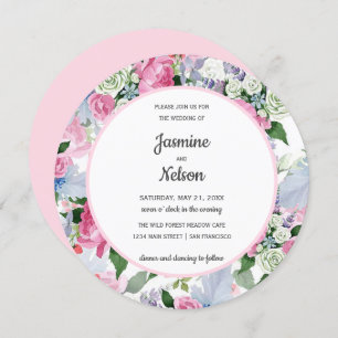 Boho Rustic pink white lilac blue flowers wedding Invitation