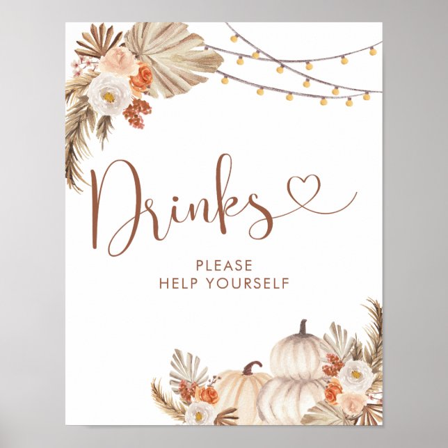 Boho Rustic Pumpkin Fall in Love Drinks Sign (Front)
