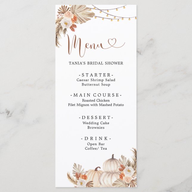 Boho Rustic Pumpkin Fall in Love Menu Card (Front)