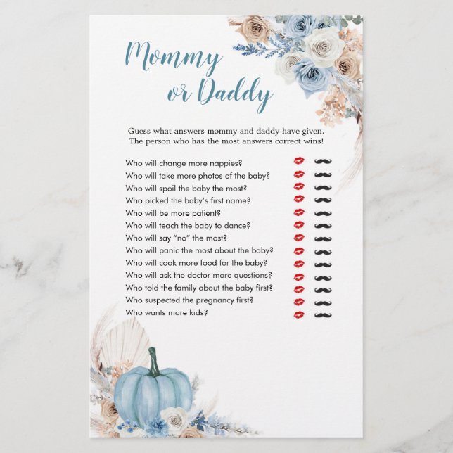 Boho Rustic Pumpkin Fall Mummy or Daddy Games (Front)