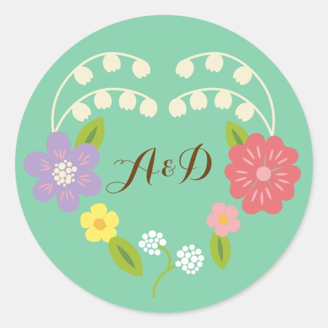 Boho Rustic Romantic Floral Wreath Classic Round Sticker (Front)