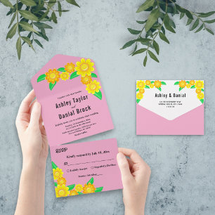 Boho Rustic Sunflower Blush Summer Floral Wedding All In One Invitation