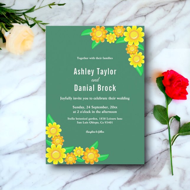 Boho Rustic Sunflower Green Spring Floral Wedding Invitation (Creator Uploaded)