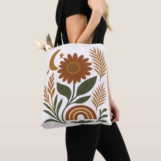 Boho Rustic Sunflower & Rainbow  Tote Bag (Close Up)