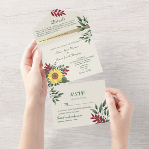 Boho Rustic Sunflower Wedding All In One Invitation