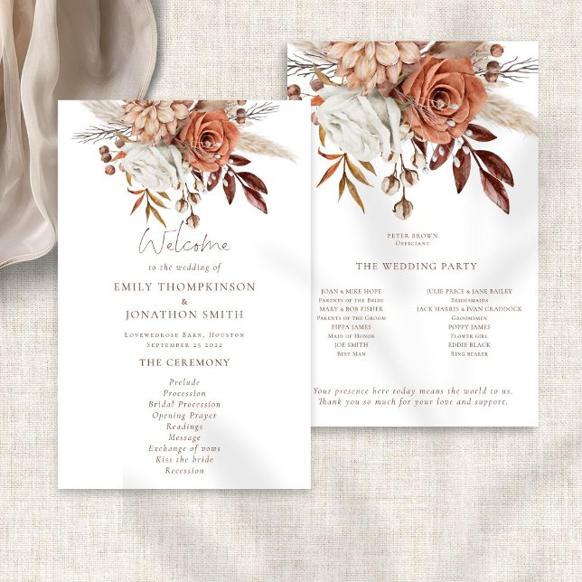 Boho Rustic Terracotta Florals Wedding Program (Front and back view)