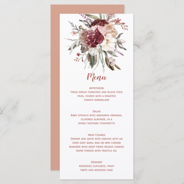 Boho Rustic Terracotta Peach Marsala Wedding Menu (Front/Back)