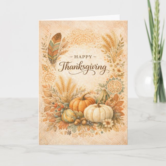 Boho Rustic Thanksgiving Pumpkin Harvest  Card (Front)