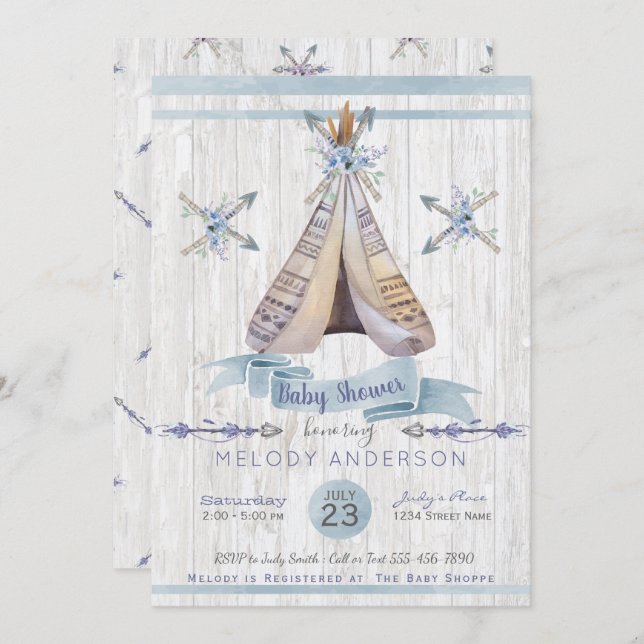 Boho Rustic Tipi & Arrows Blue Boy Baby Shower Invitation (Front/Back)