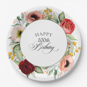Boho Rustic Watercolor Floral 100th Birthday Party Paper Plate