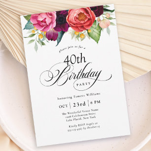 Boho Rustic Watercolor Floral 40th Birthday Party Invitation