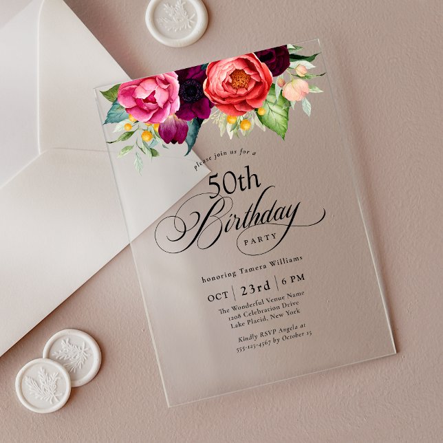 Boho Rustic Watercolor Floral 50th Birthday Party Acrylic Invitations (Creator Uploaded)