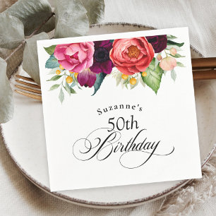 Boho Rustic Watercolor Floral 50th Birthday Party Napkin