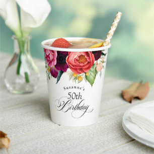 Boho Rustic Watercolor Floral 50th Birthday Party Paper Cups