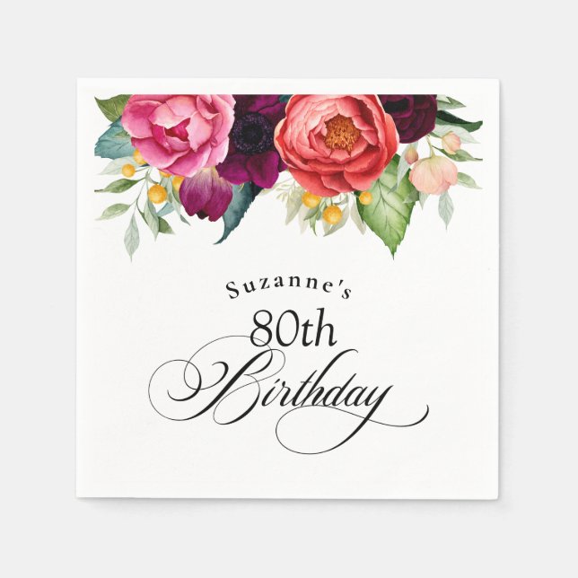 Boho Rustic Watercolor Floral 80th Birthday Party Napkin (Front)