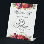 Boho Rustic Watercolor Floral 80th Birthday Party Pedestal Sign<br><div class="desc">This wonderfully feminine and rustic boho style 80th birthday party welcome pedestal sign has a sumptuous rich colour palette in terracotta, deep peach, burgundy red, purple, teal and yellow. The lovely watercolor botanical elements have a nature-inspired organic appeal and make the invitation pop with style. Elegant calligraphy script spells out...</div>