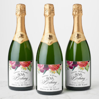 Boho Rustic Watercolor Floral 80th Birthday Sparkling Wine Label