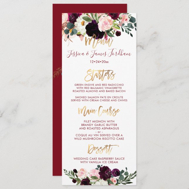 Boho Rustic Watercolor Flowers Gold Script Menu Invitation (Front/Back)