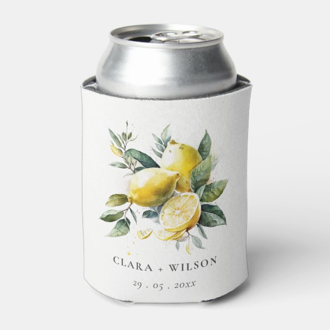 Boho Rustic Watercolor Yellow Lemon Garden Wedding Can Cooler (Can Front)