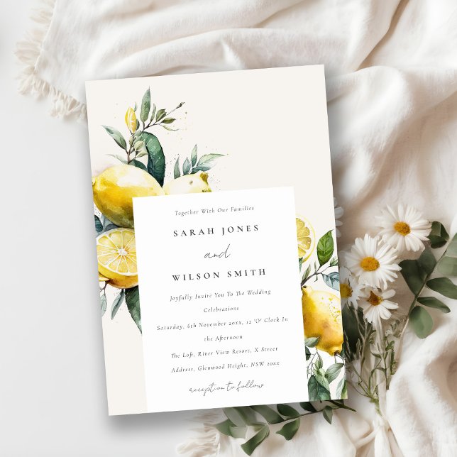 Boho Rustic Watercolor Yellow Lemon Garden Wedding Invitation (Creator Uploaded)