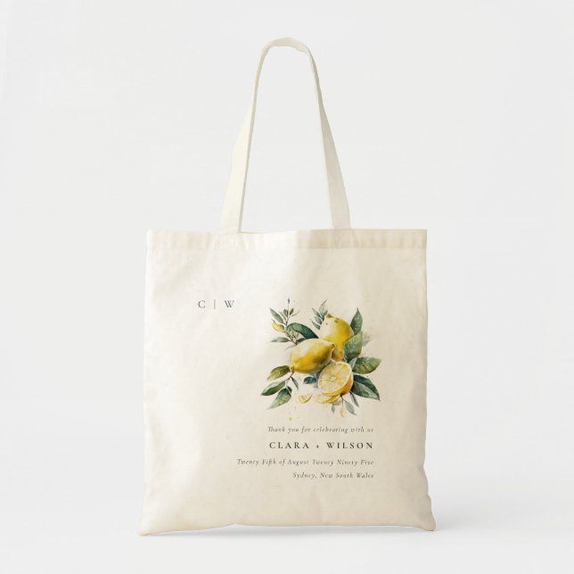 Boho Rustic Watercolor Yellow Lemon Garden Wedding Tote Bag (Front)