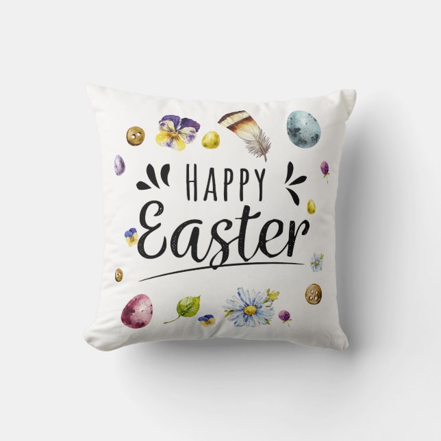 Boho Rustic Watercolour Colourful Happy Easter Cushion (Front)