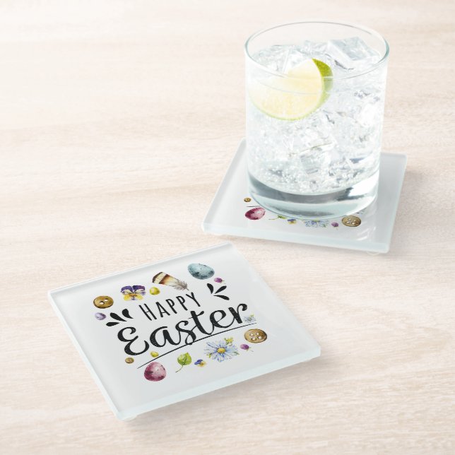 Boho Rustic Watercolour Colourful Happy Easter Glass Coaster (Angled)