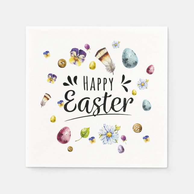 Boho Rustic Watercolour Colourful Happy Easter Napkin (Front)