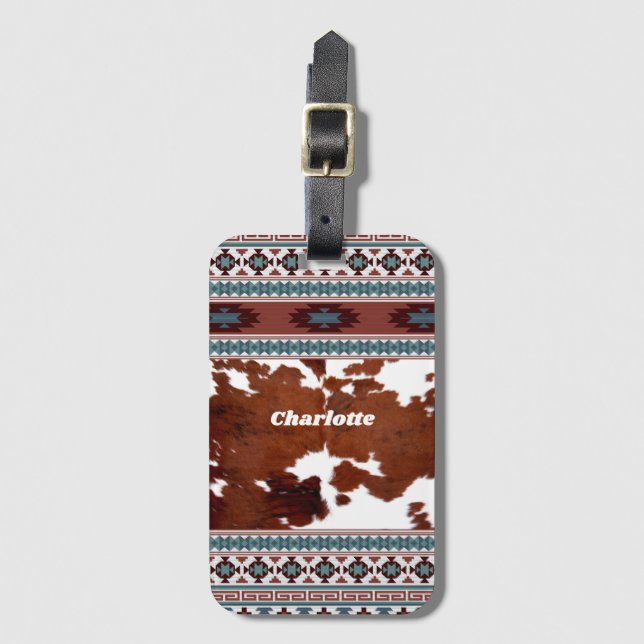 Boho Rustic Western Cowgirl Cowhide   Luggage Tag (Front Vertical)