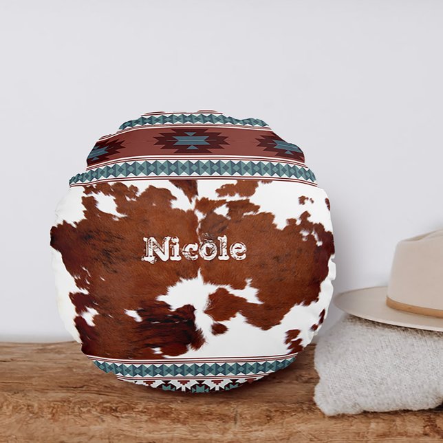 Boho Rustic Western Cowhide Name Round Cushion (Creator Uploaded)