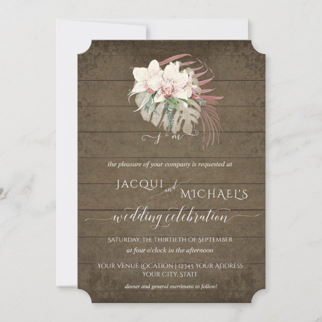 BOHO Rustic White Orchid Floral Tropical Foliage Invitation (Front)