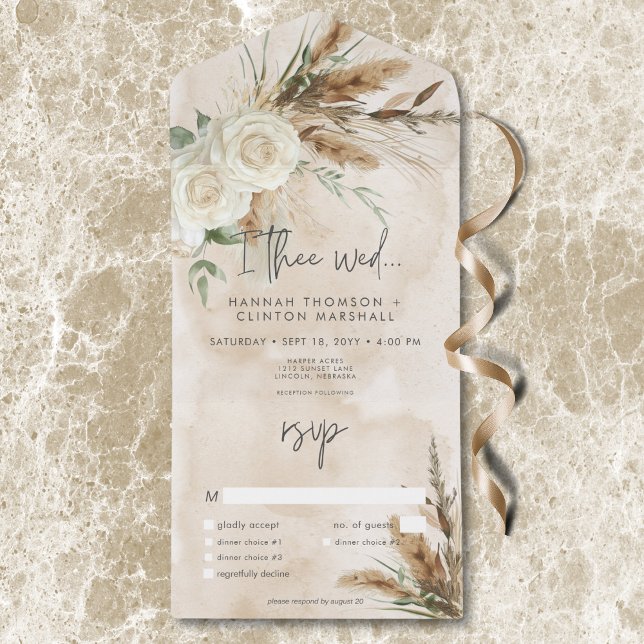 Boho Rustic White Roses & Pampas Wedding Dinner All In One Invitation (Boho Rustic White Roses & Pampas Wedding Dinner All In One Invitation)