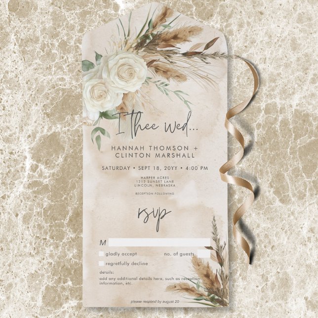 Boho Rustic White Roses & Pampas Wedding No Dinner All In One Invitation (Boho Rustic White Roses & Pampas Wedding No Dinner All In One Invitation)