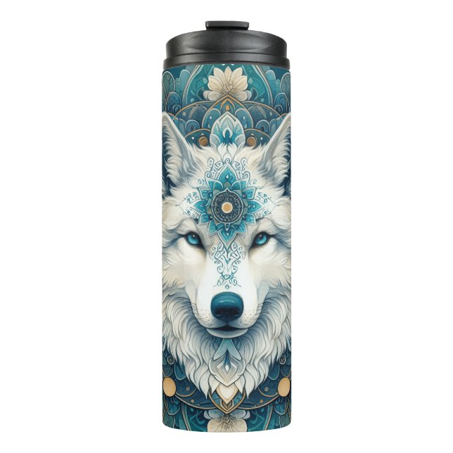 Boho Rustic White Wolf Mandala  Thermal Tumbler (Front)