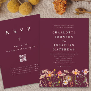 Boho Rustic Wildflower Burgundy Wedding Invitation