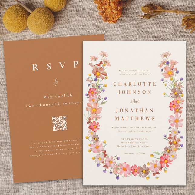 Boho Rustic Wildflower Fall Wedding Invitation (Brown fall boho rustic wildflower wreath wedding invitation Watercolor autumn floral )