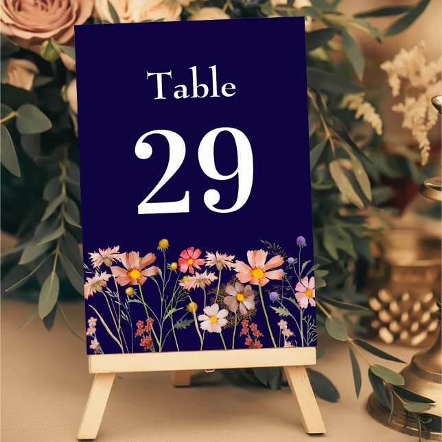 Boho Rustic Wildflower Floral Navy Blue Wedding Table Number (Boho fall wildflower meadow navy blue and white wedding table number card watercolor Elegant modern)
