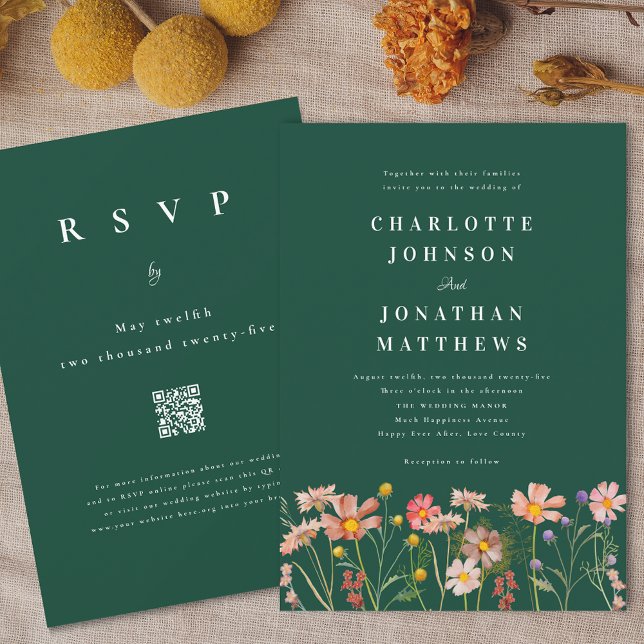Boho Rustic Wildflower Green Wedding Invitation (Boho fall Wildflower floral dark green Wedding qr code invitation Watercolor flowers elegant modern)