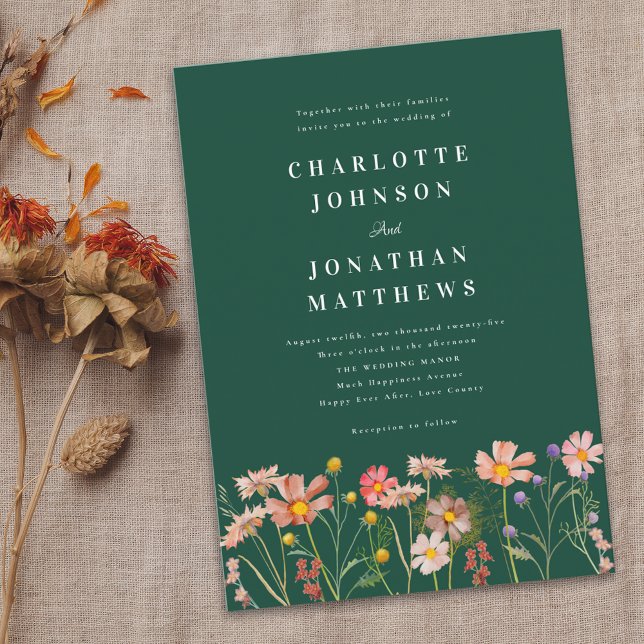 Boho Rustic Wildflower Green Wedding Invitation (Boho rustic Wildflower floral dark green Wedding invitation Watercolor flowers elegant modern )