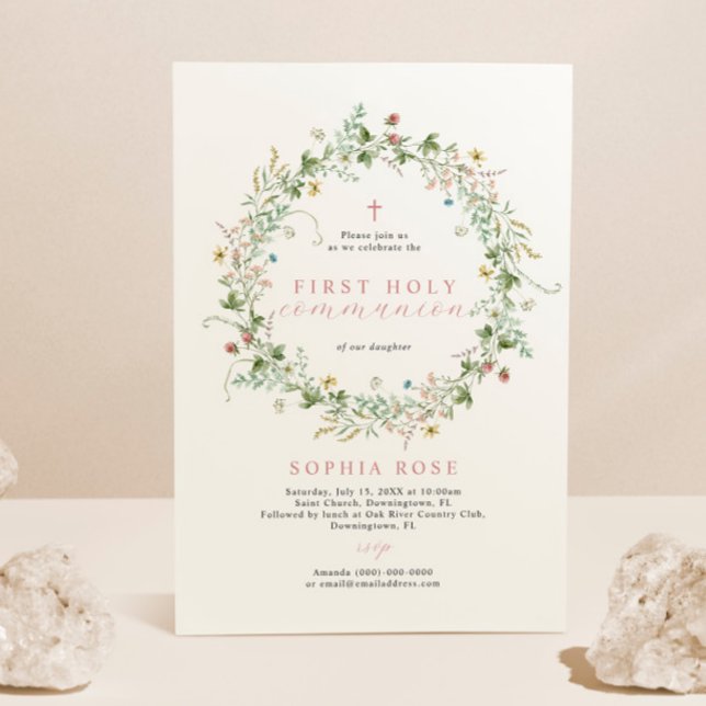 Boho Rustic Wildflowers First Holy Communion Invitation (Creator Uploaded)